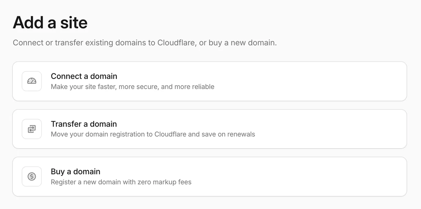 Cloudflare Add a site screen with Connect a domain, Transfer a domain and Buy a domain