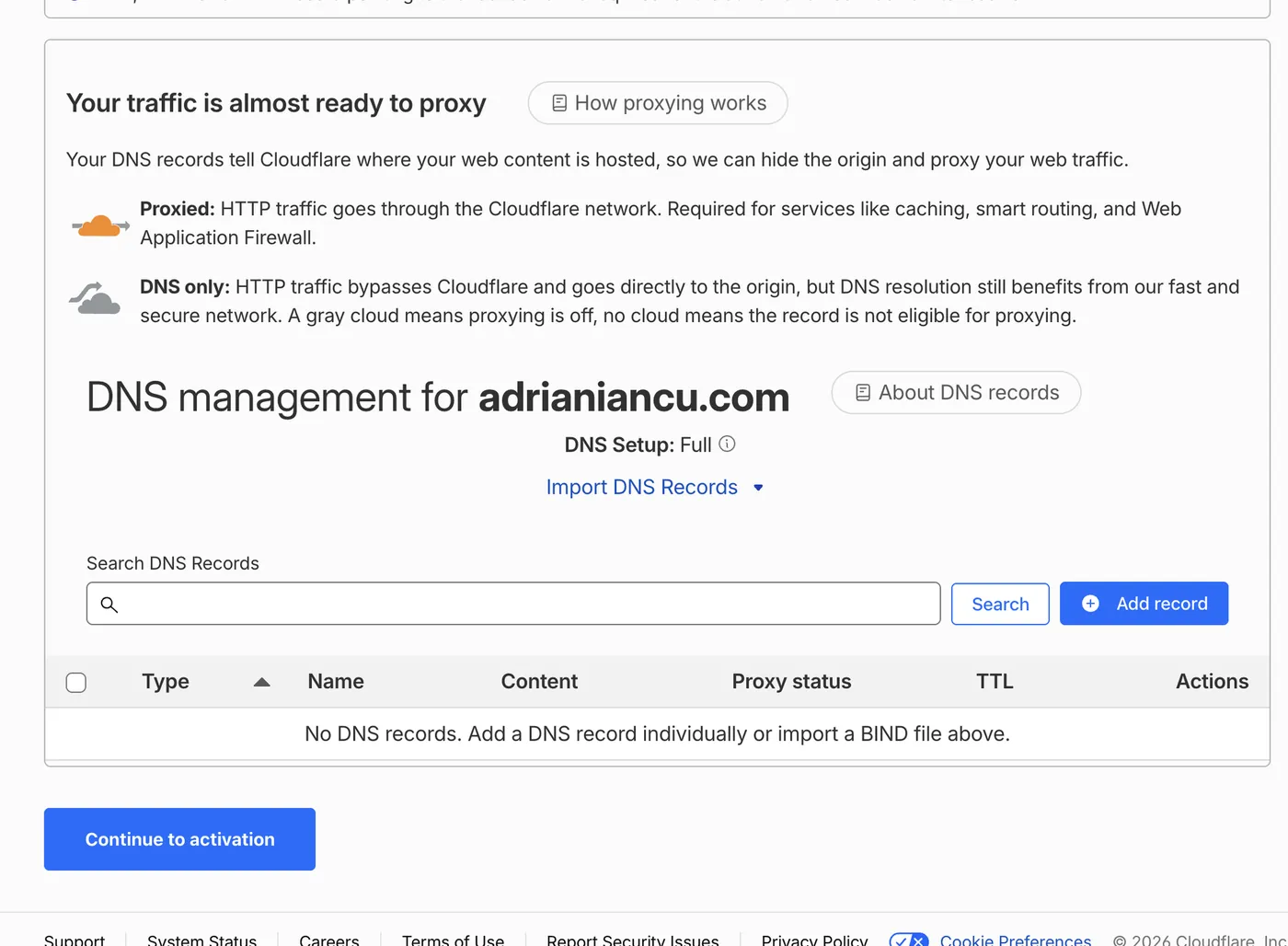 Cloudflare DNS review with no records and the Continue to activation button
