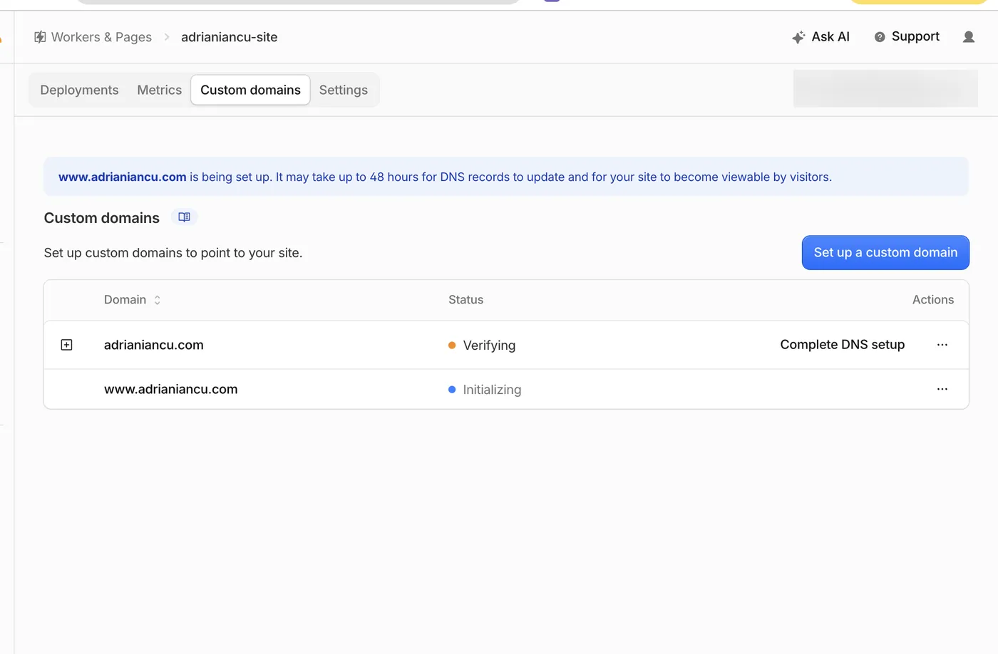 Custom domains list with root domain verifying and www initializing