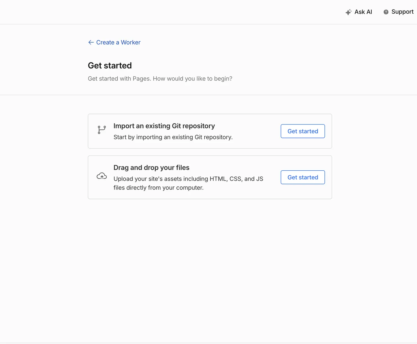 Cloudflare Pages get started screen with Import an existing Git repository