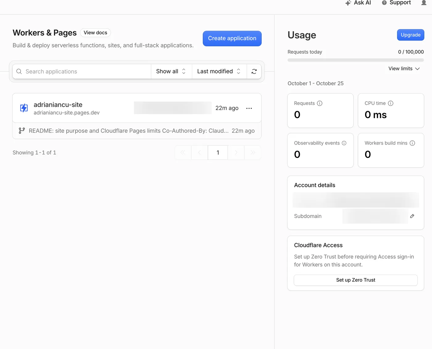 Cloudflare Workers and Pages list with the site project