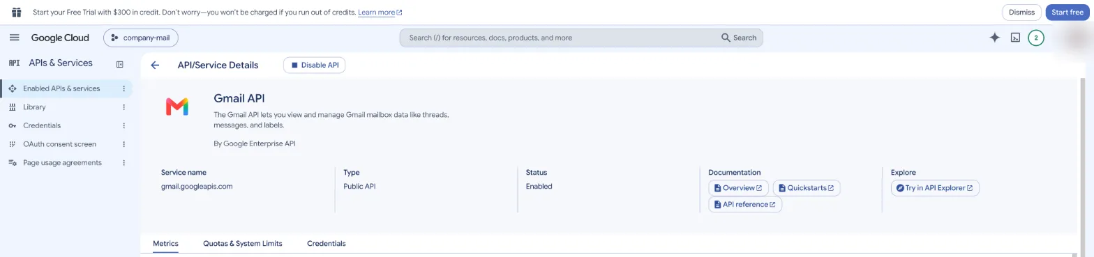 Google Cloud Gmail API details page with Status Enabled
