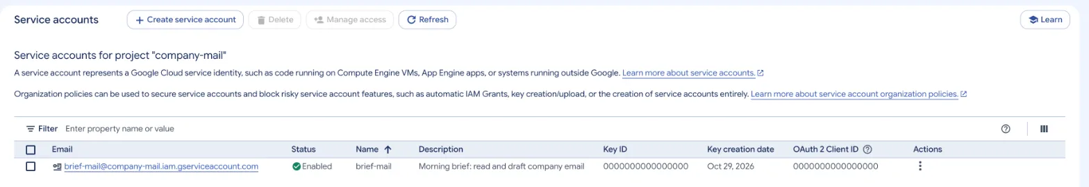 Service accounts list with brief-mail enabled