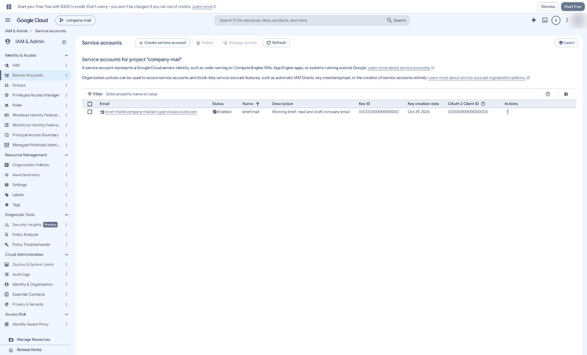 Animation: opening the brief-mail service account and its Keys tab