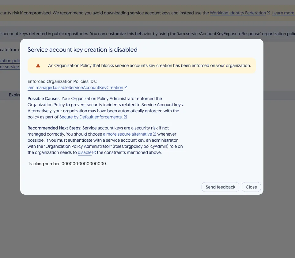 Google Cloud dialog: Service account key creation is disabled, with the policy ID iam.managed.disableServiceAccountKeyCreation