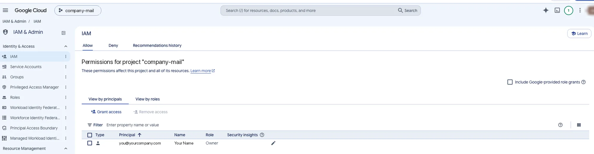 IAM page titled Permissions for project, the wrong level for this role
