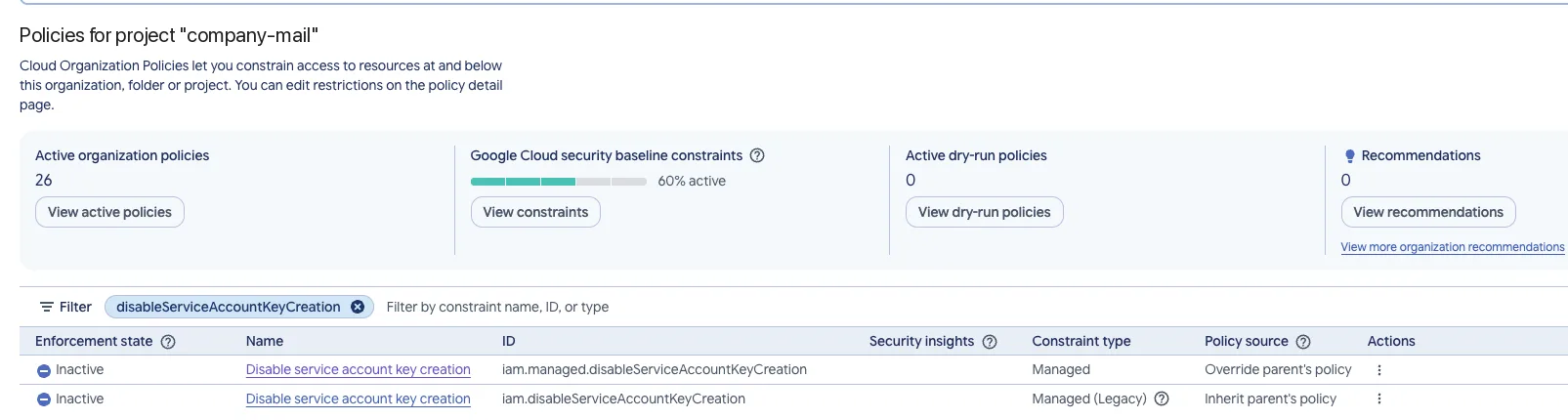 Organization policies for the project, filtered on disableServiceAccountKeyCreation, both rules Inactive and the managed one set to Override parent's policy