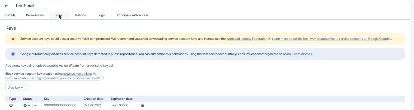 Service account Keys tab with one active key