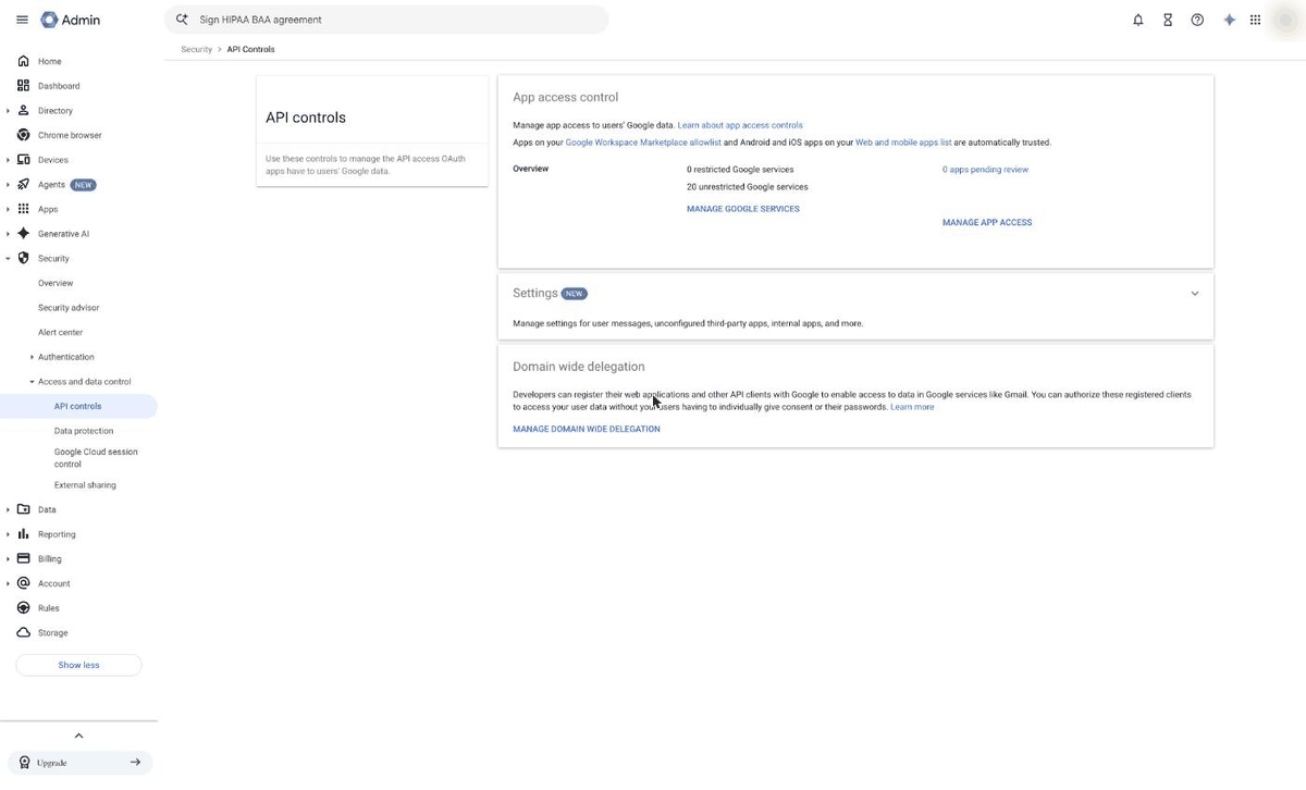 Animation: Admin console API controls, then Manage domain wide delegation