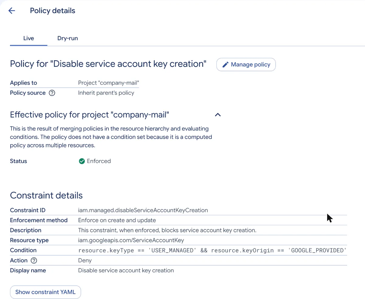 Policy details for Disable service account key creation: Inherit parent's policy, status Enforced