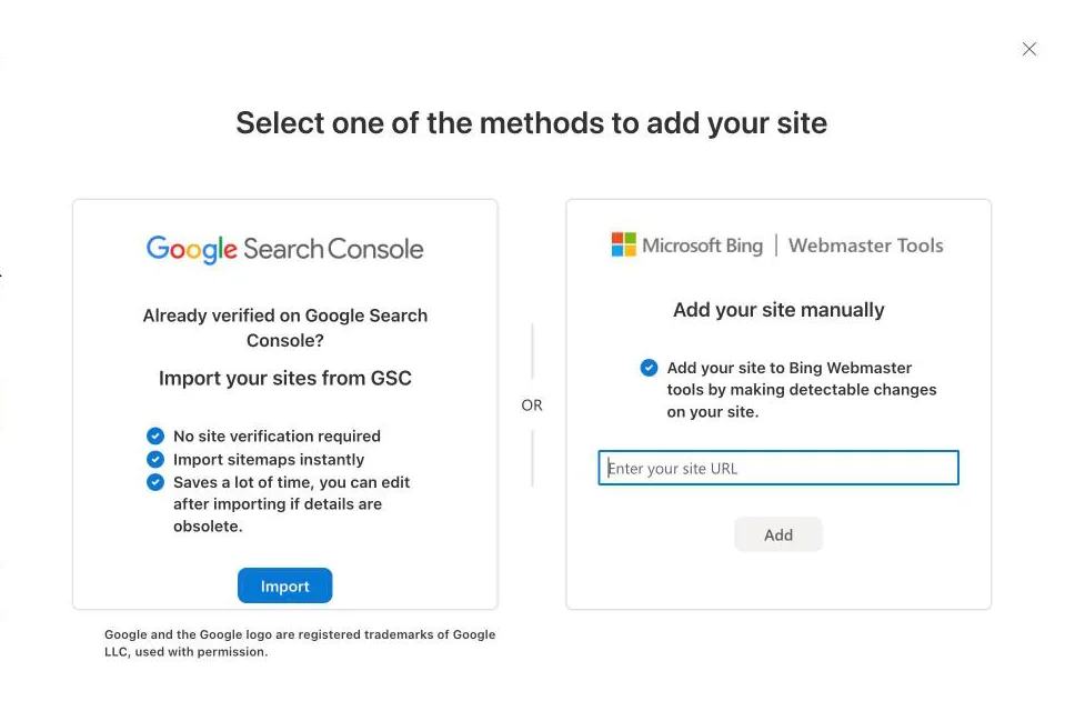 Bing Webmaster Tools add site screen with Import your sites from GSC on the left