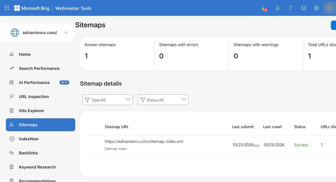 Bing Webmaster Tools Sitemaps page showing sitemap-index.xml with status Success