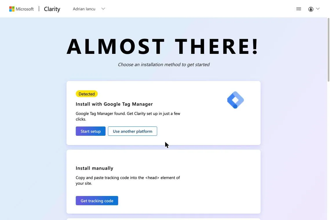 Microsoft Clarity installation options, with Install with Google Tag Manager detected
