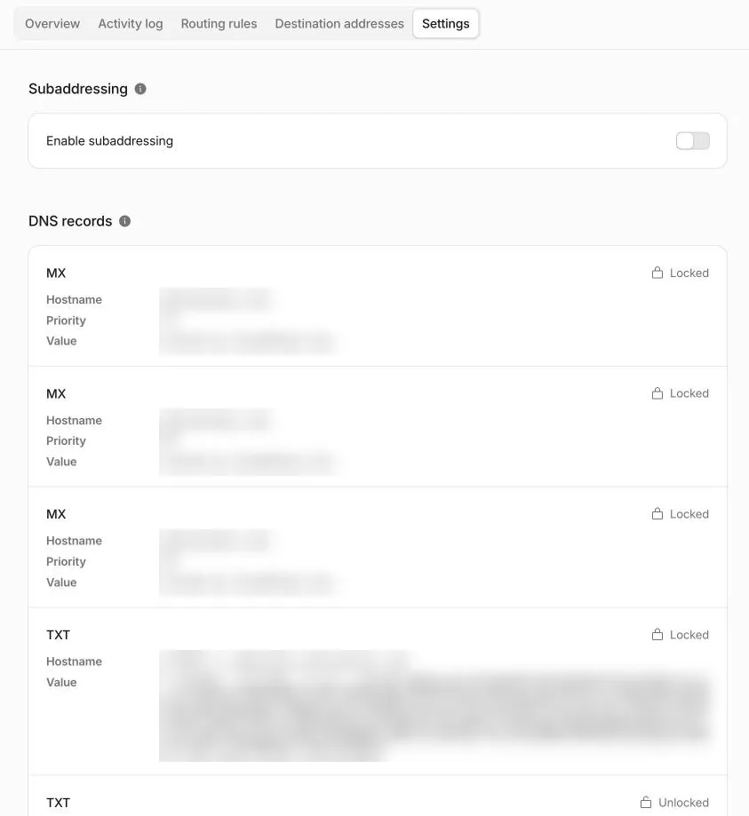 Cloudflare Email Routing DNS records: three MX records and an email signing record, all Locked