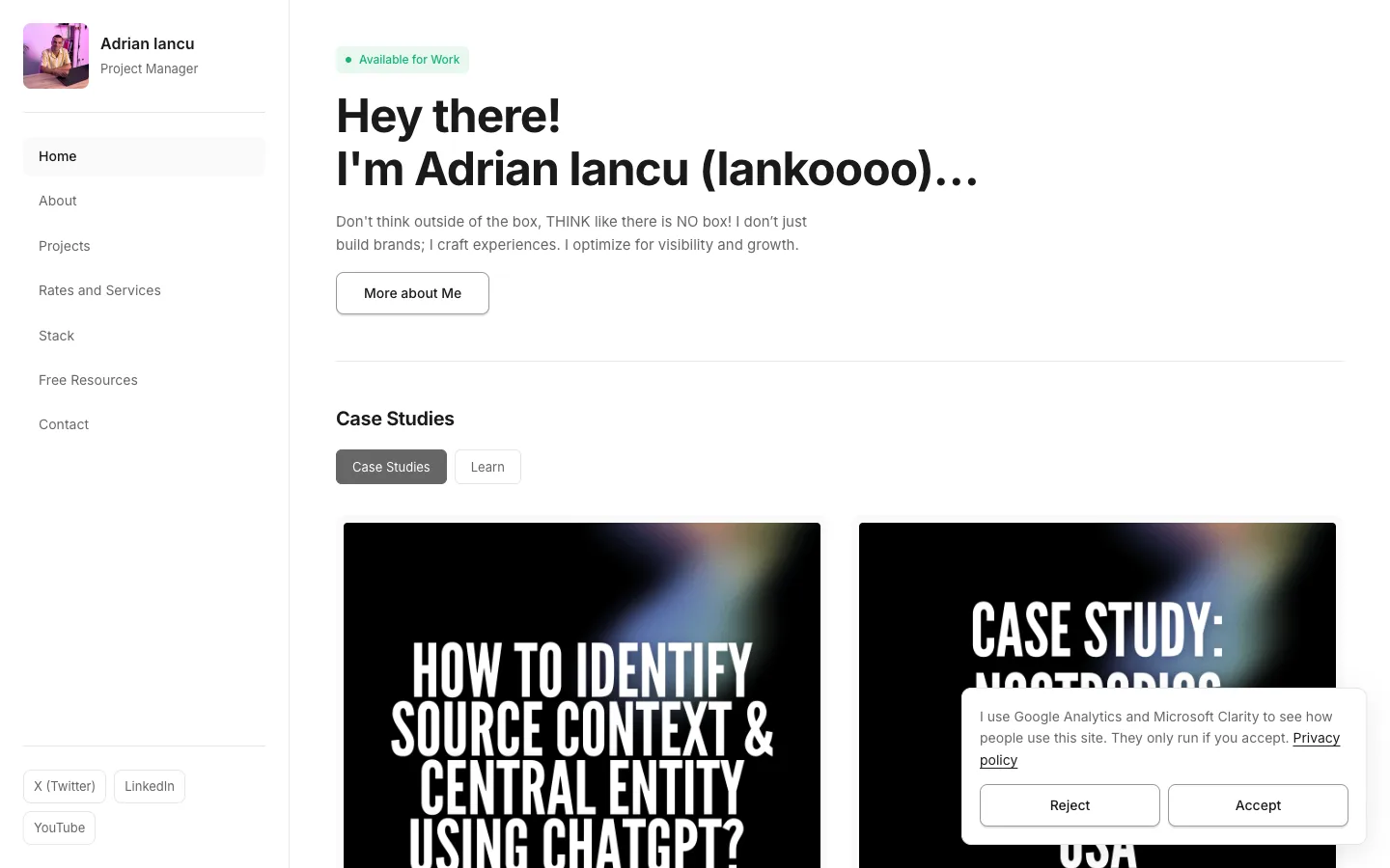 adrianiancu.com home page on desktop with the cookie banner in the bottom right corner