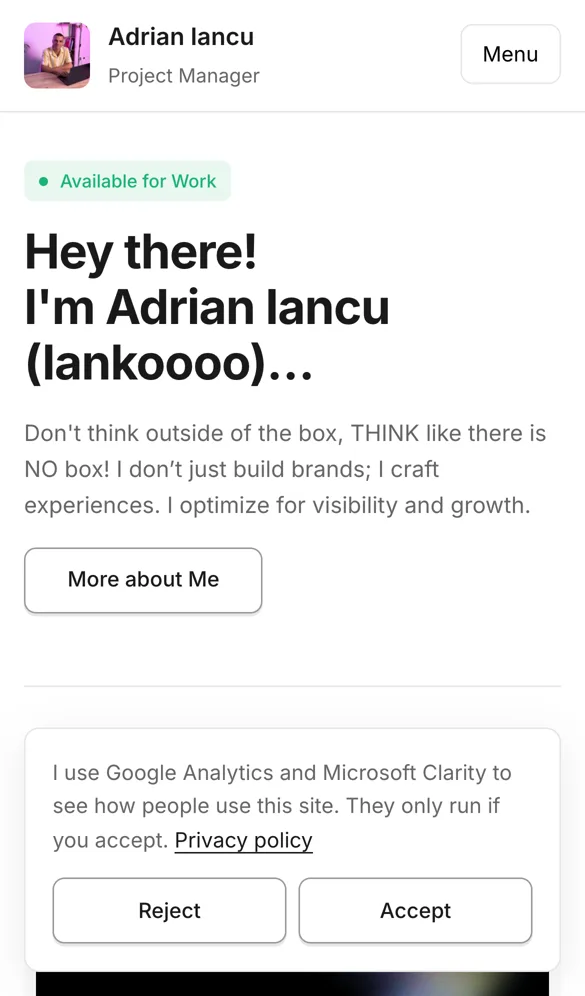 adrianiancu.com on a phone with the cookie banner at the bottom, Reject and Accept buttons side by side