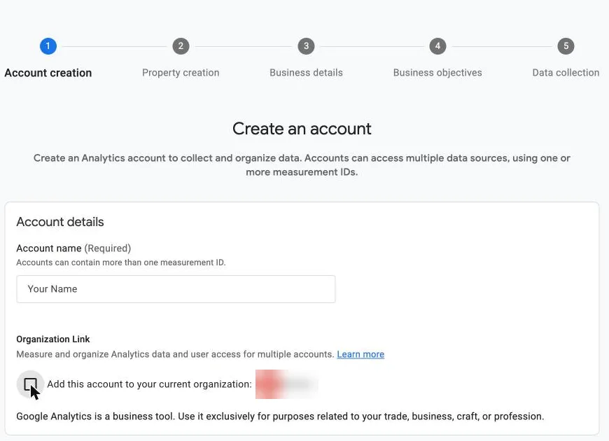 Google Analytics Create an account screen with the organization link box unticked