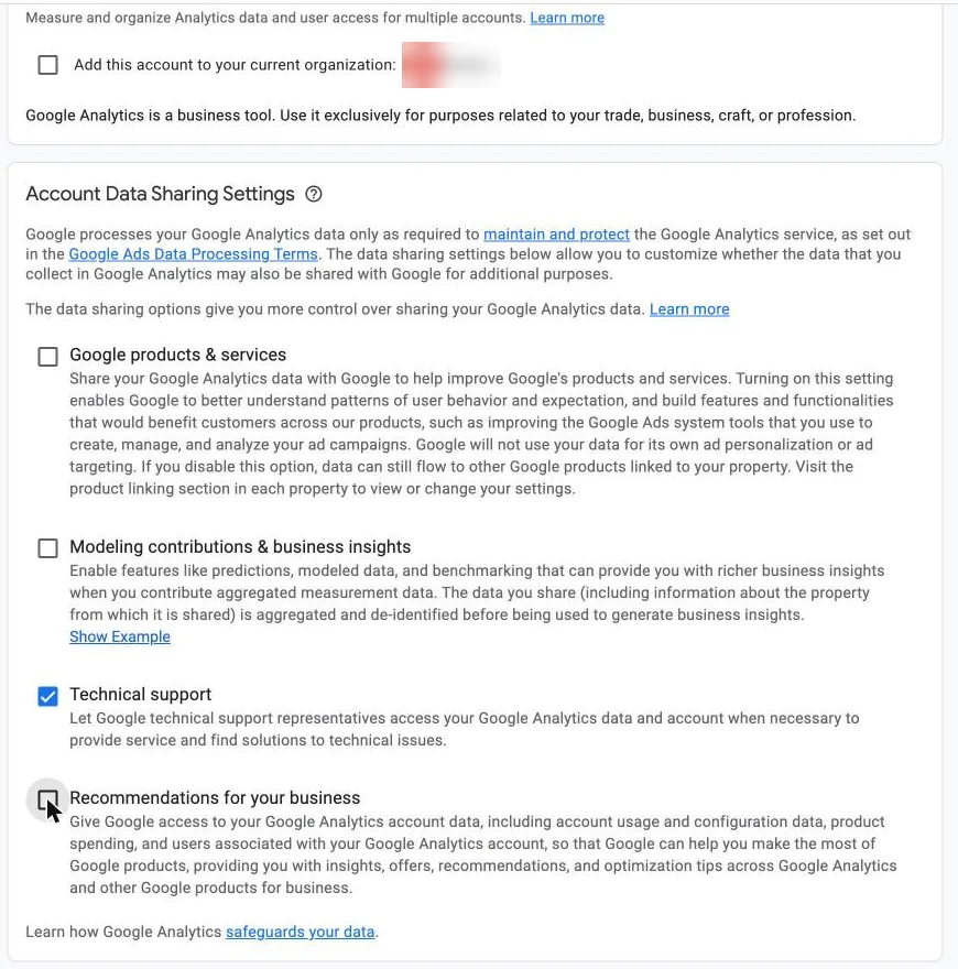 Google Analytics account data sharing settings with only Technical support ticked