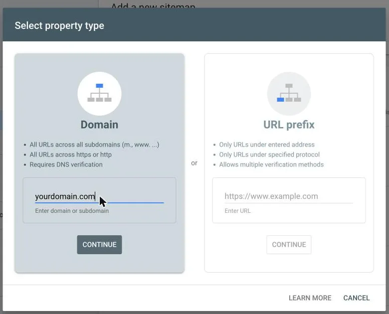 Google Search Console Select property type dialog with Domain chosen