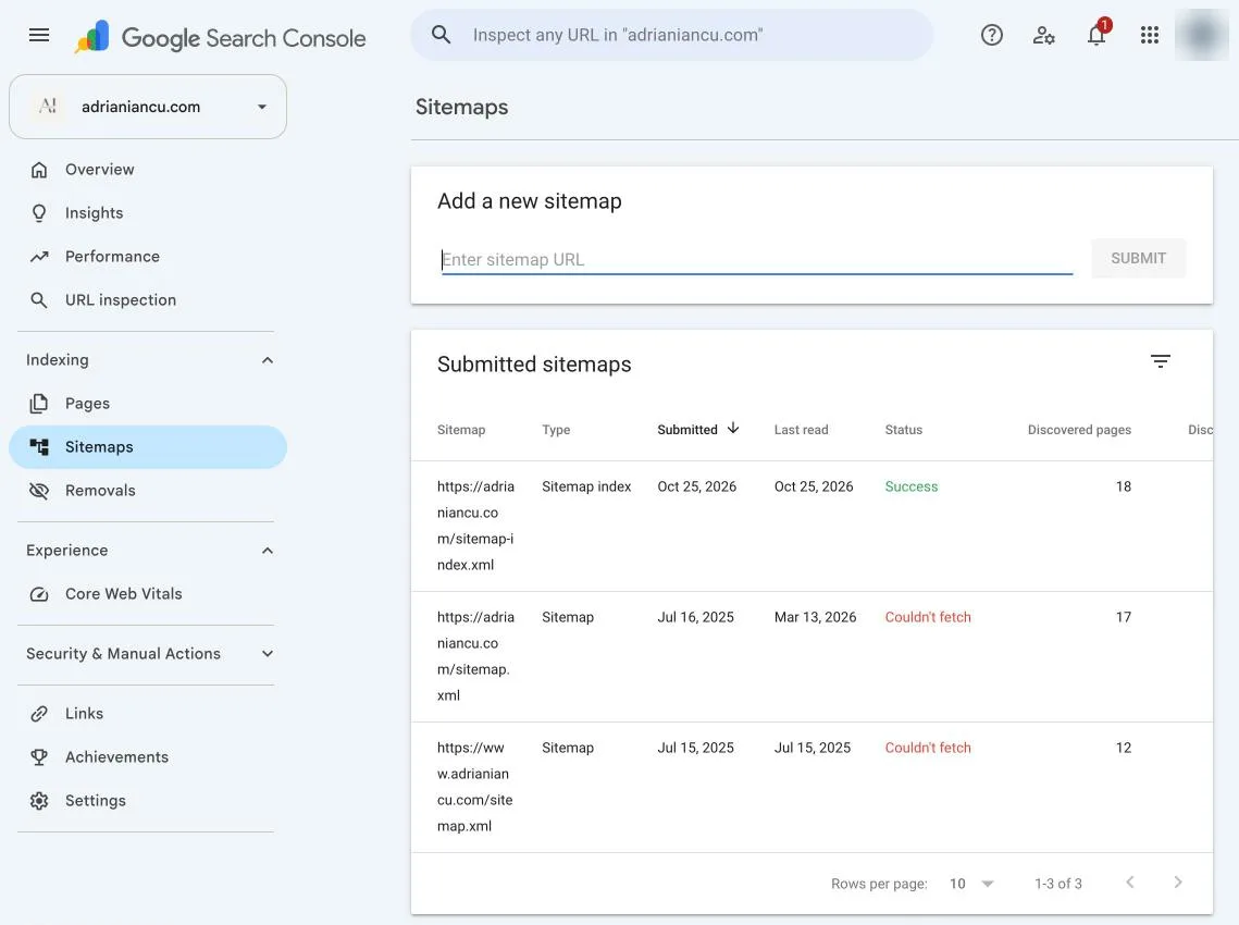 Search Console Sitemaps report showing sitemap-index.xml with status Success and 18 discovered pages