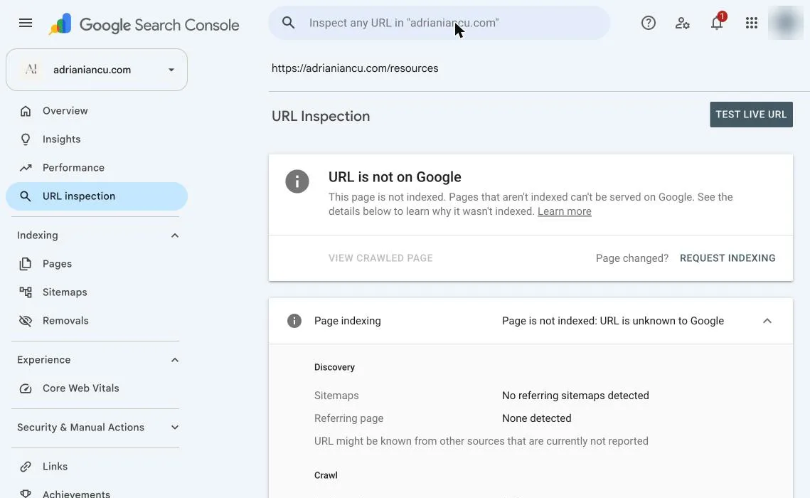 Search Console URL inspection showing URL is not on Google with the Request indexing link