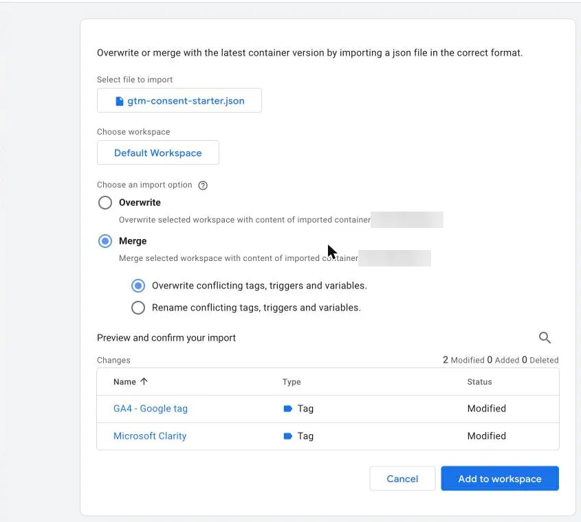 Tag Manager Import Container with Merge selected and the preview of changes