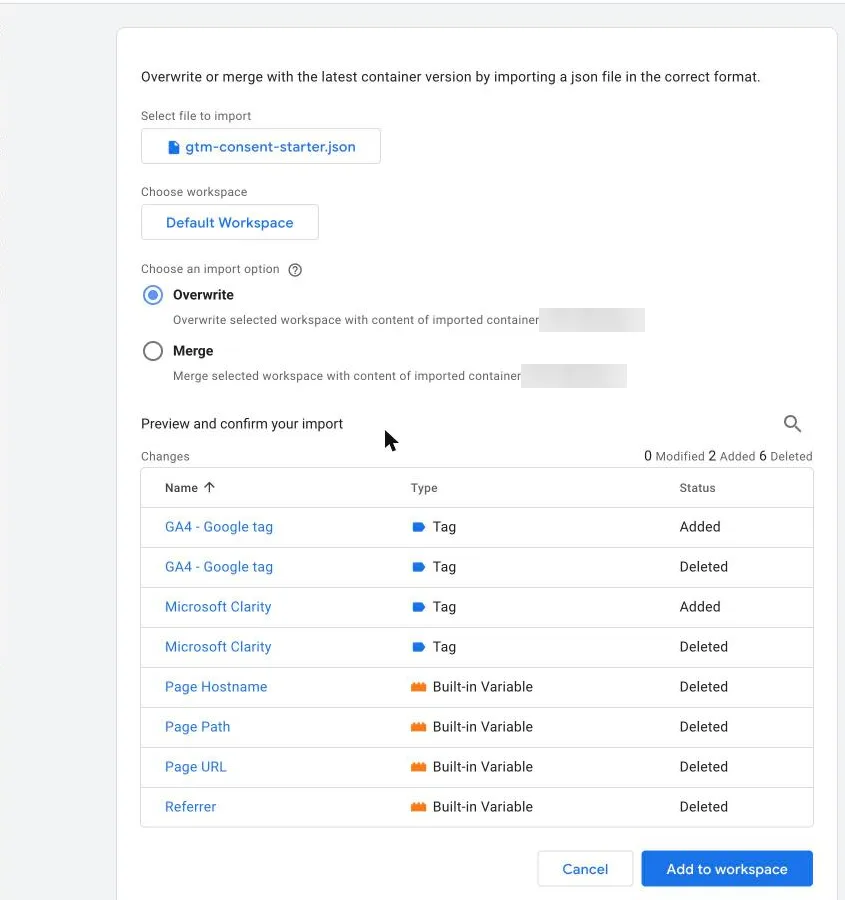 Tag Manager Import Container with Overwrite selected, showing 6 items marked Deleted