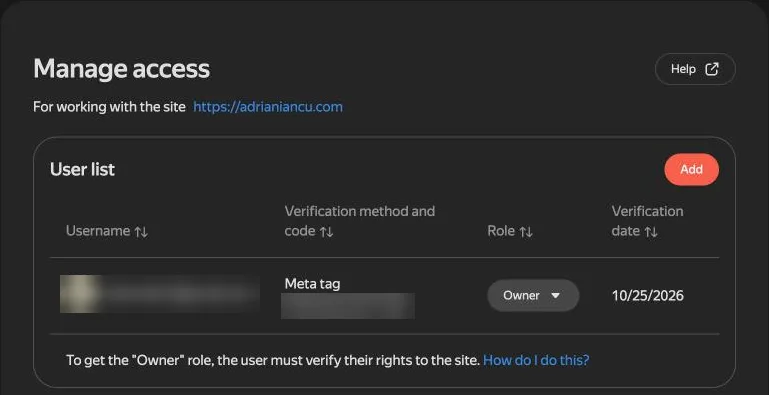 Yandex Webmaster Manage access screen showing the site verified by meta tag with the Owner role