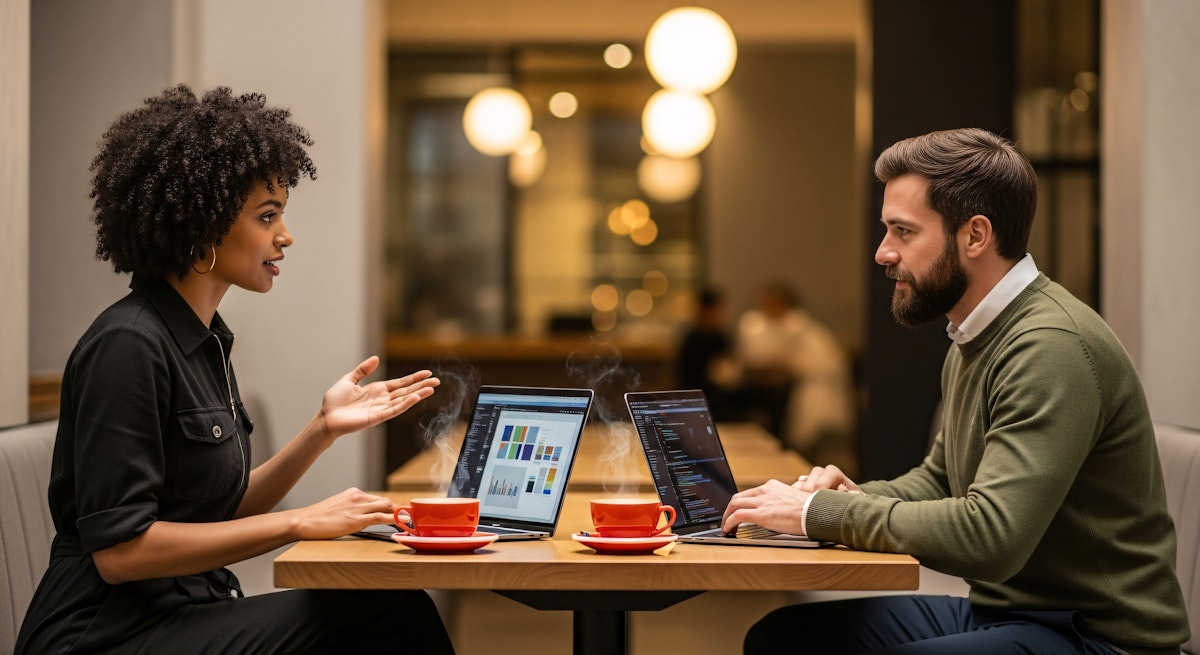 A woman and a man having a focused business discussion at a café table, both working on laptops with coffee cups in front of them.